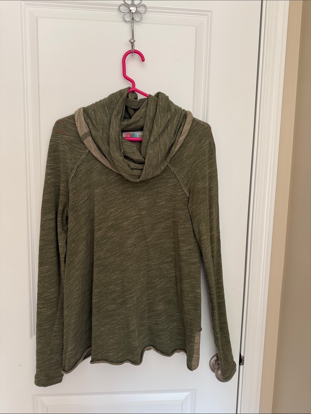 Olive Green Cowl-Neck Sweater with Contrast Trim